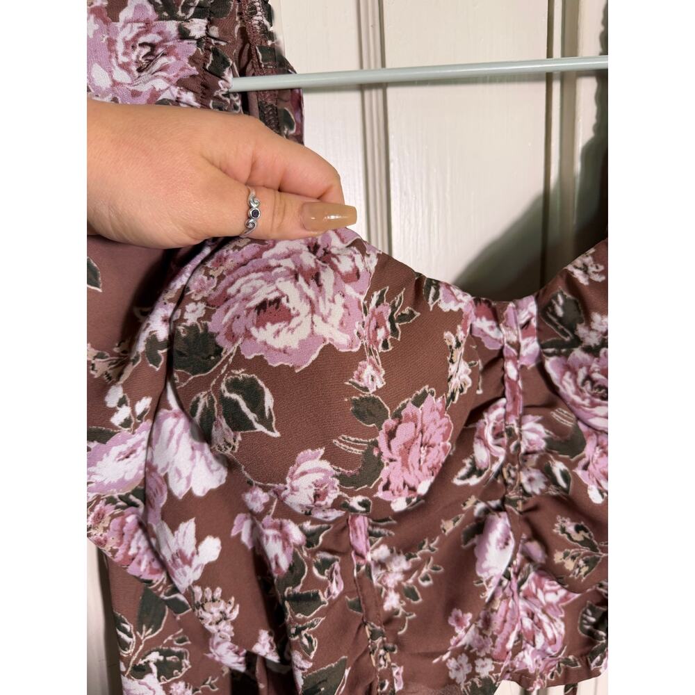 Madden NYC 3X Floral Corset Top Brown Pink Ruched Bustier Long Sleeve Blouse - Picture 5 of 10